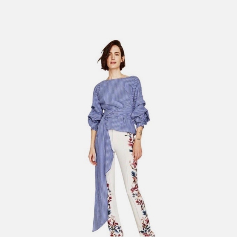ZARA Stripe Blue/white Large Pleated Ruched Belted Crossover Blouse